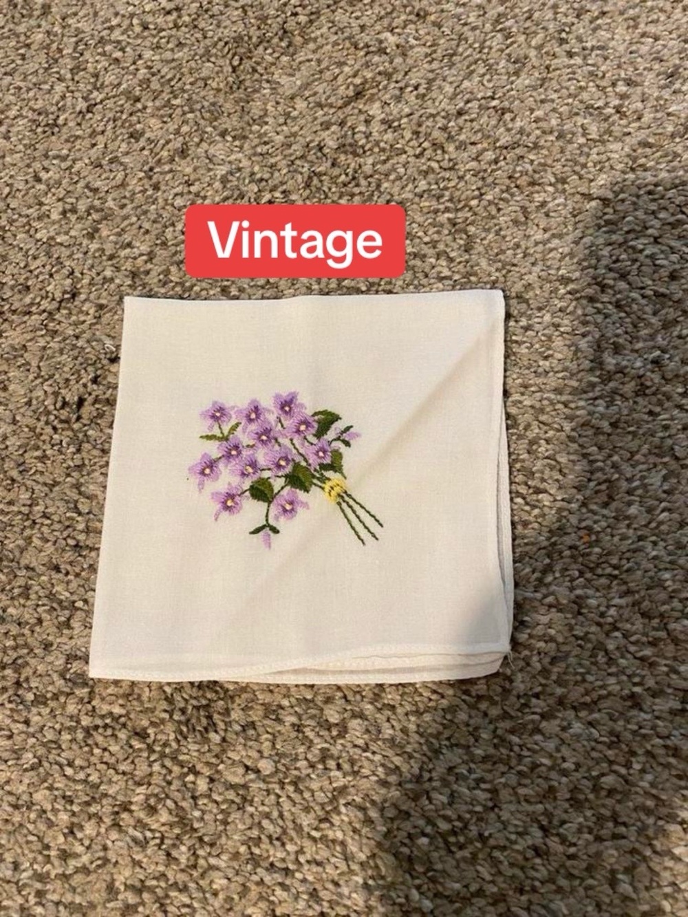 Vintage White handkerchief with Lavender Embroidered Bouquet